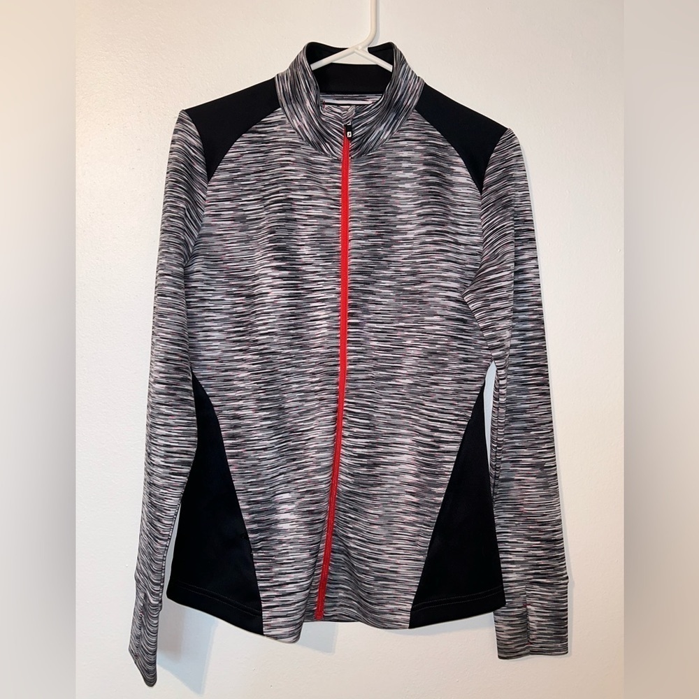 Ladies FootJoy Zip Up Jacket, Pockets, Thumb Hole, Black/Red/White/Grayish Small
